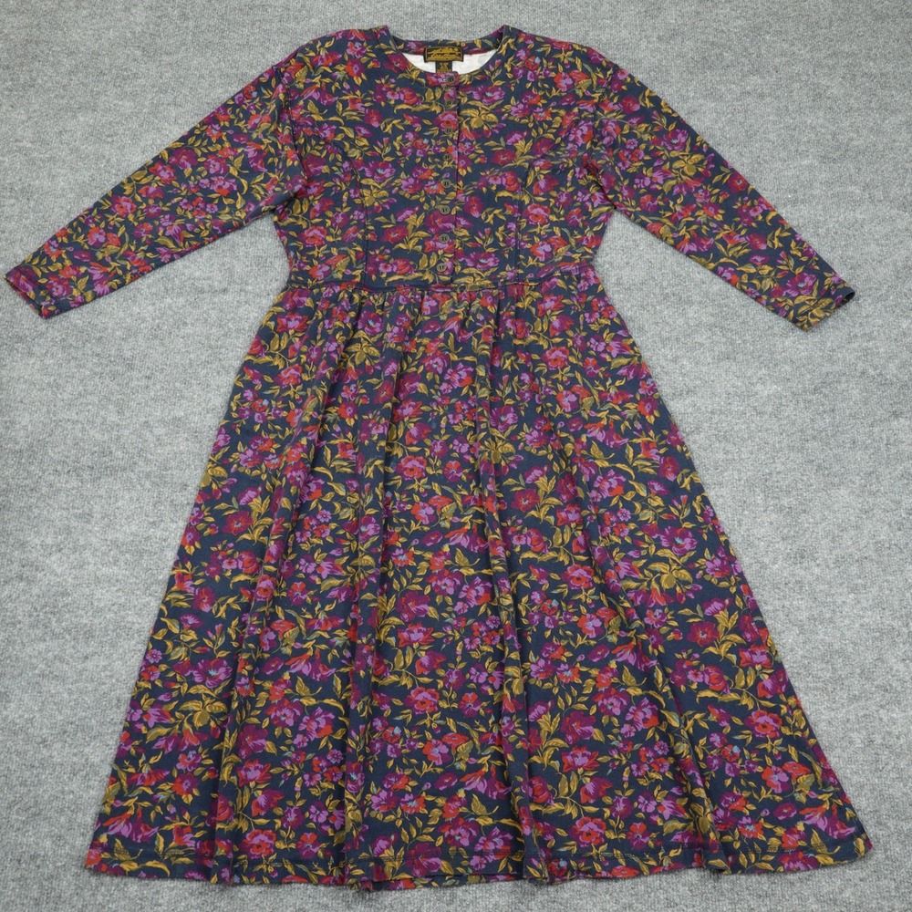 Vintage Eddie Bauer Dress Women Large Petite Purple Floral Cotton Midi Jersey